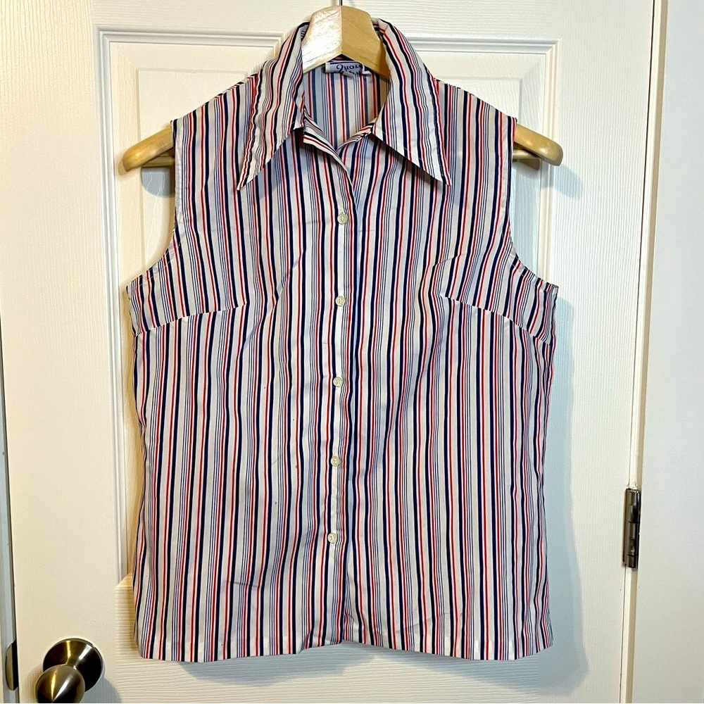 VTG Ship n’ Shore sleeveless button down blouse w/ red & blue stripes sz 14